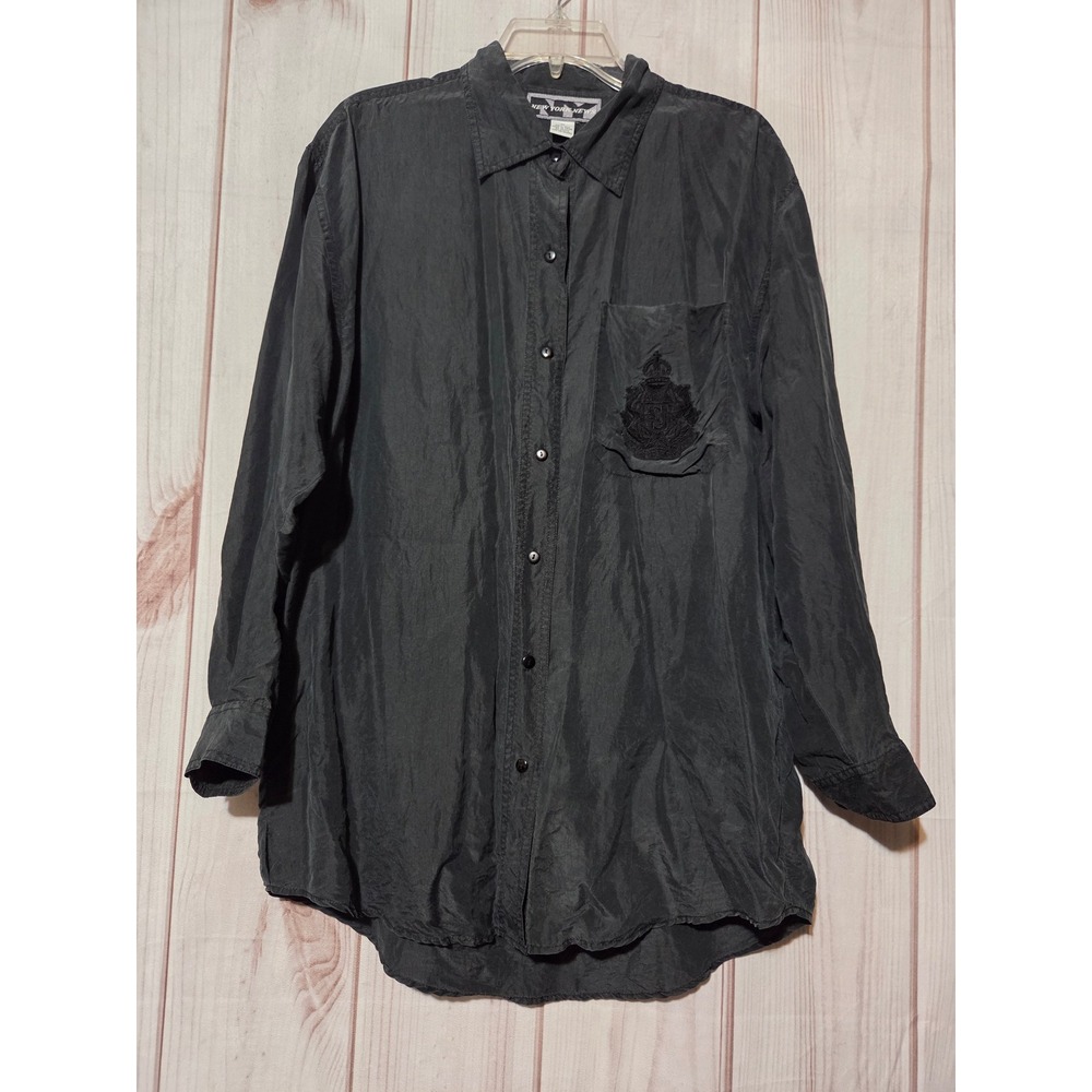 New York News Womens 100% Silk Embroidered Crest Button Up Shirt Black Medium